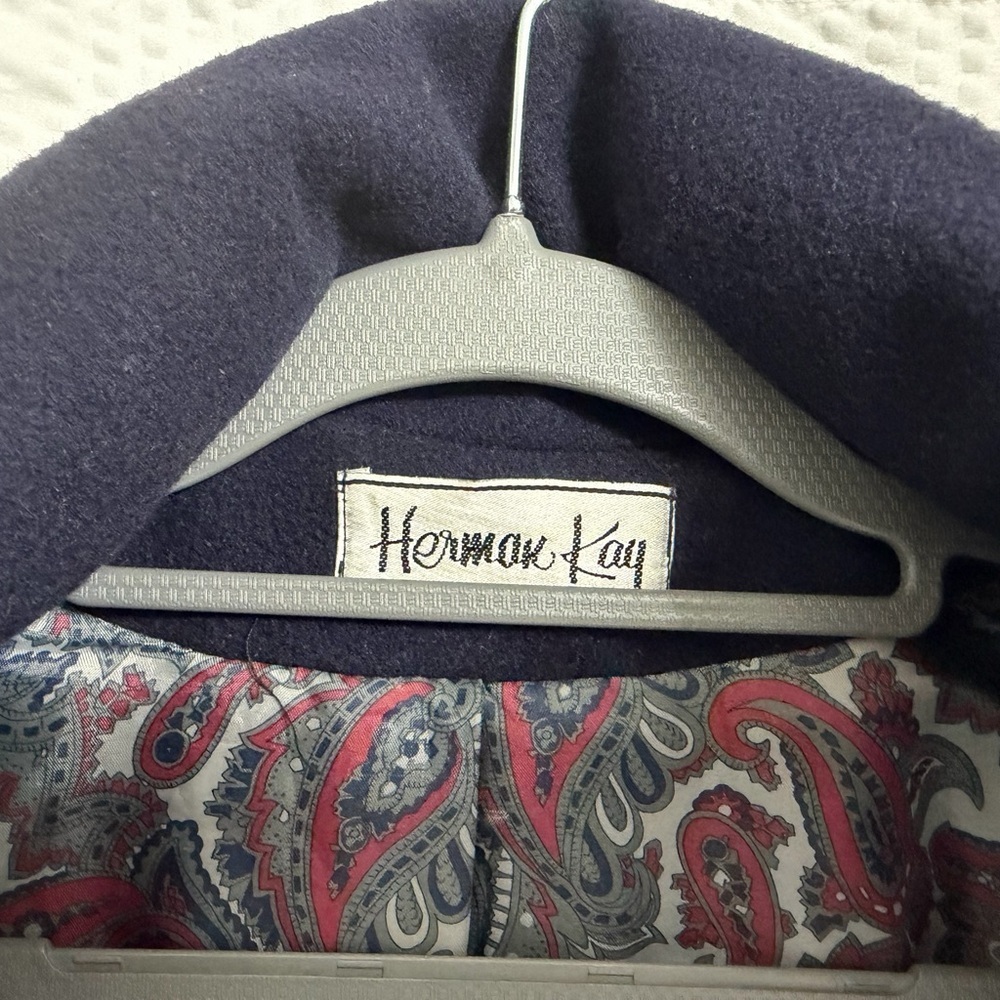 Vintage Herman Kay 80% Wool Navy Blue Double-Breasted Pea Coat w/ Paisley Lining - Picture 4 of 9